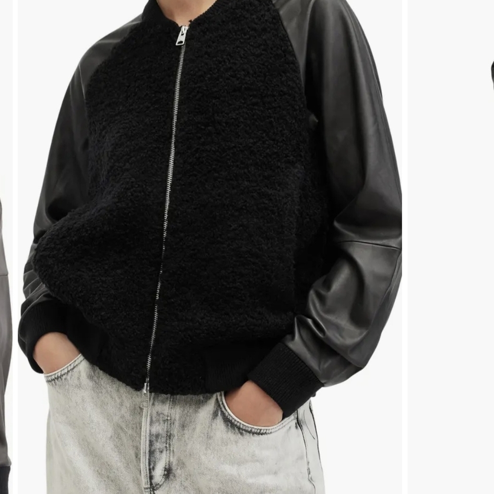 All Saints Black Bomber Jacket with Leather Sleeves